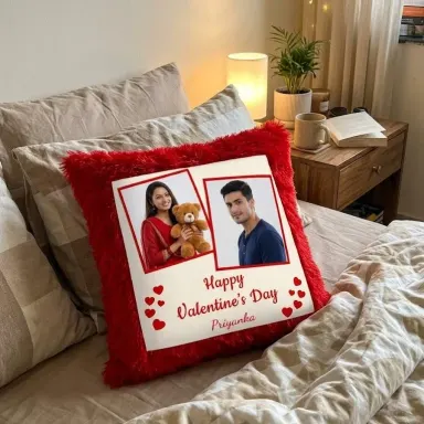 Personalised Red Fur Cushion with 2 Photos & Name – Romantic Custom Throw Pillow Gift for Valentine’s Day, Anniversary & Birthday