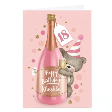 Personalised Hugs Bear Birthday Card - Pink Champagne, Editable Age