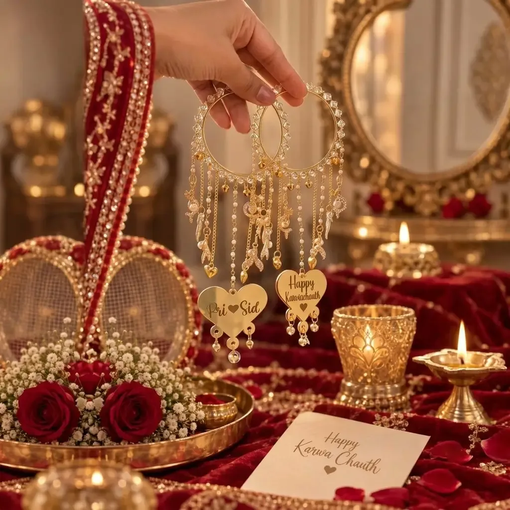 Customized Karwa Chauth Hanging Bangles (Kaleere) with Personalized Names & Heart Charms - Image 2