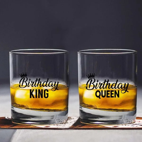 Birthday King & Queen Printed Whiskey Glasses (300 ml) | Premium Transparent Drinkware | Royal Couple Gift Set for Him & Her - Image 3