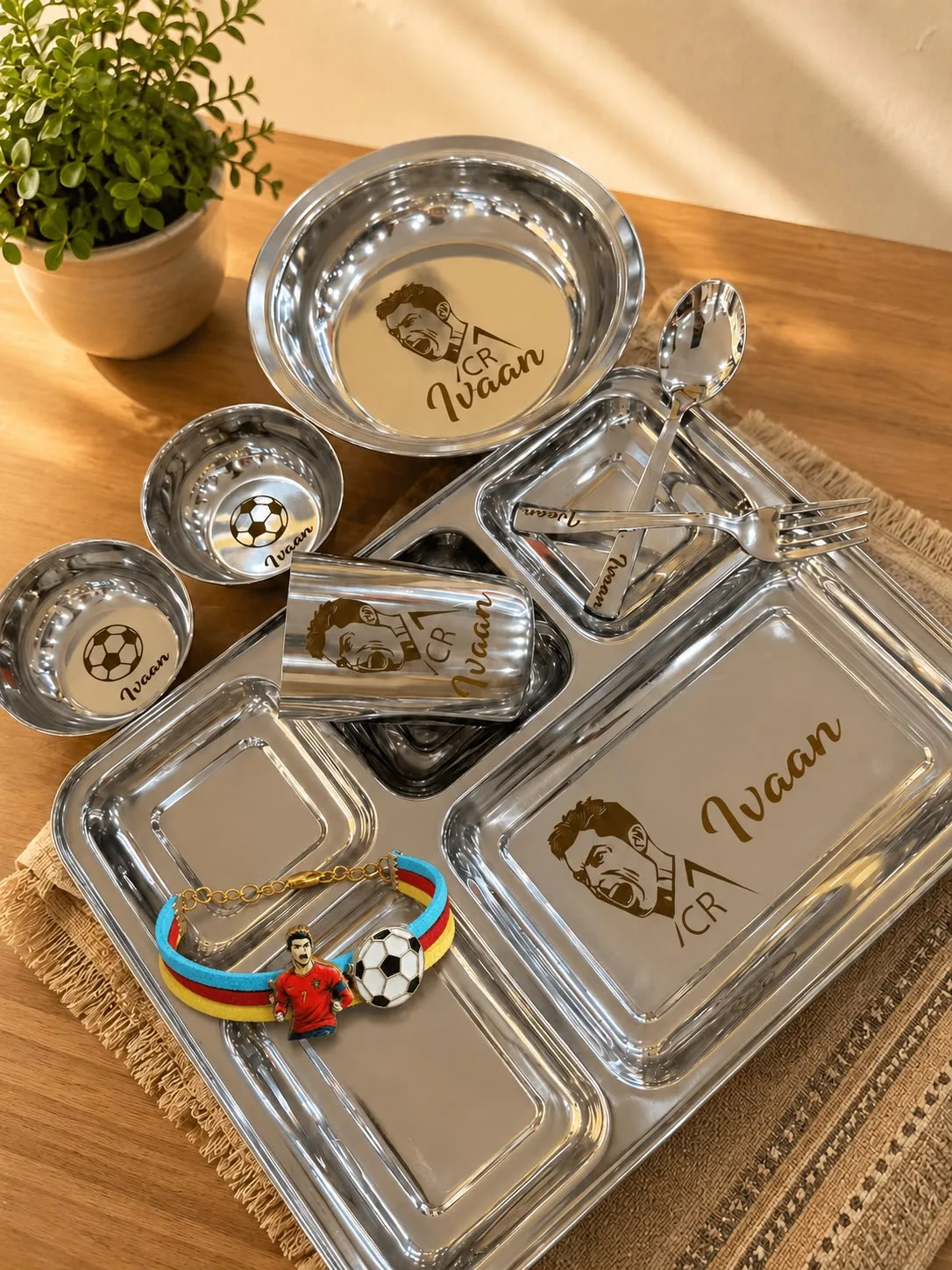 Personalized Stainless Steel Thali Set with Name & Theme | 5-Compartment Dinner Set - Image 2