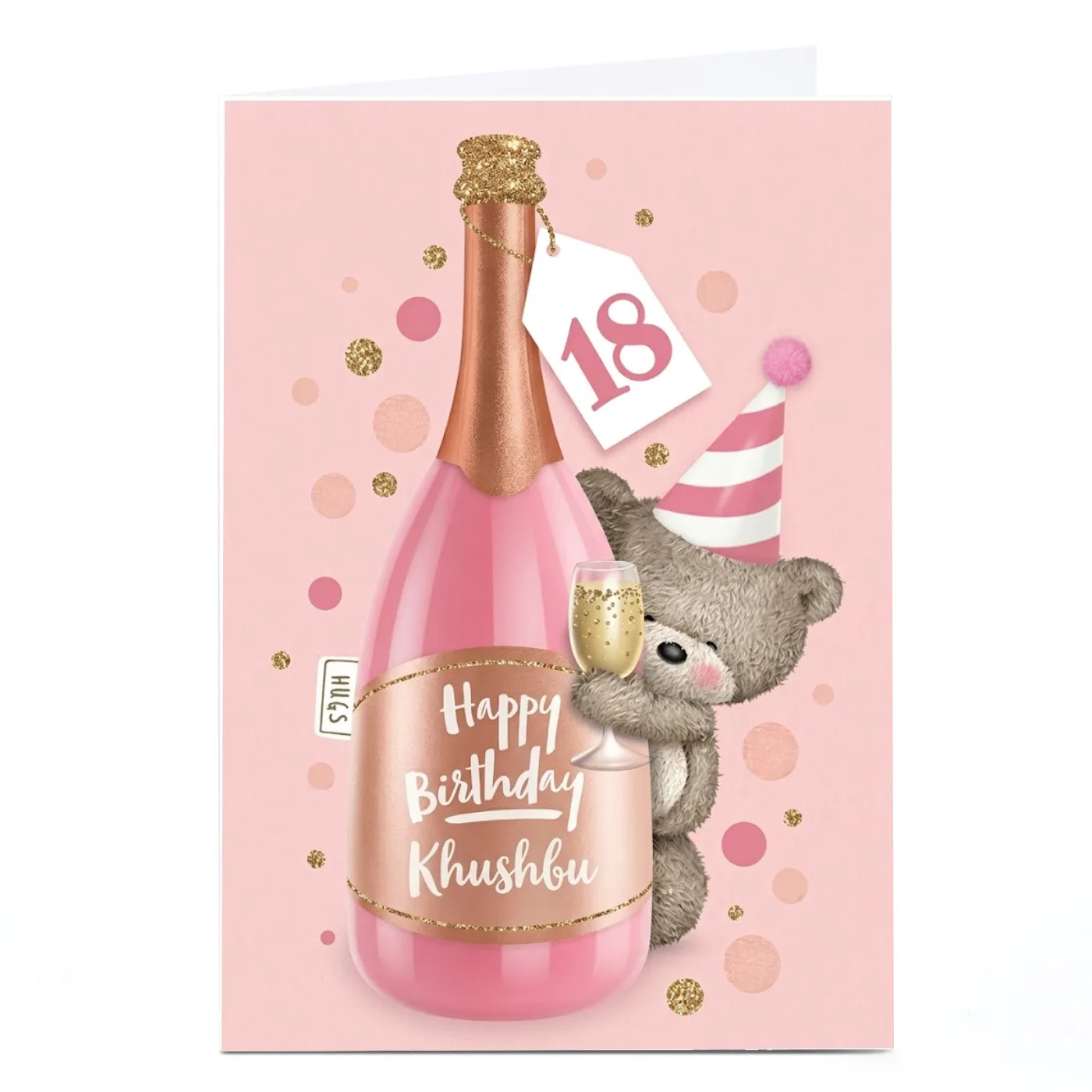 Personalised Hugs Bear Birthday Card - Pink Champagne, Editable Age