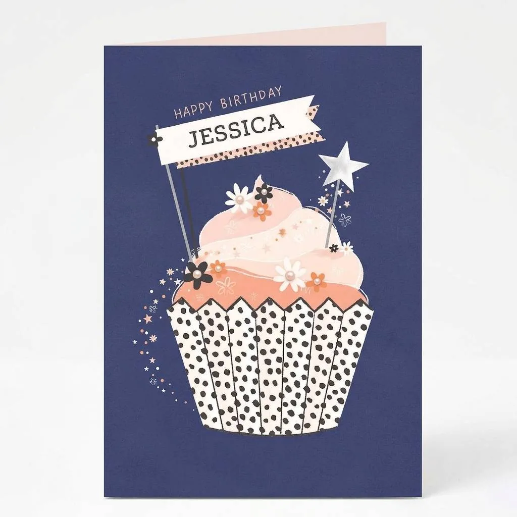 Personalized Birthday Card – Stars and Flowers Cupcake Design