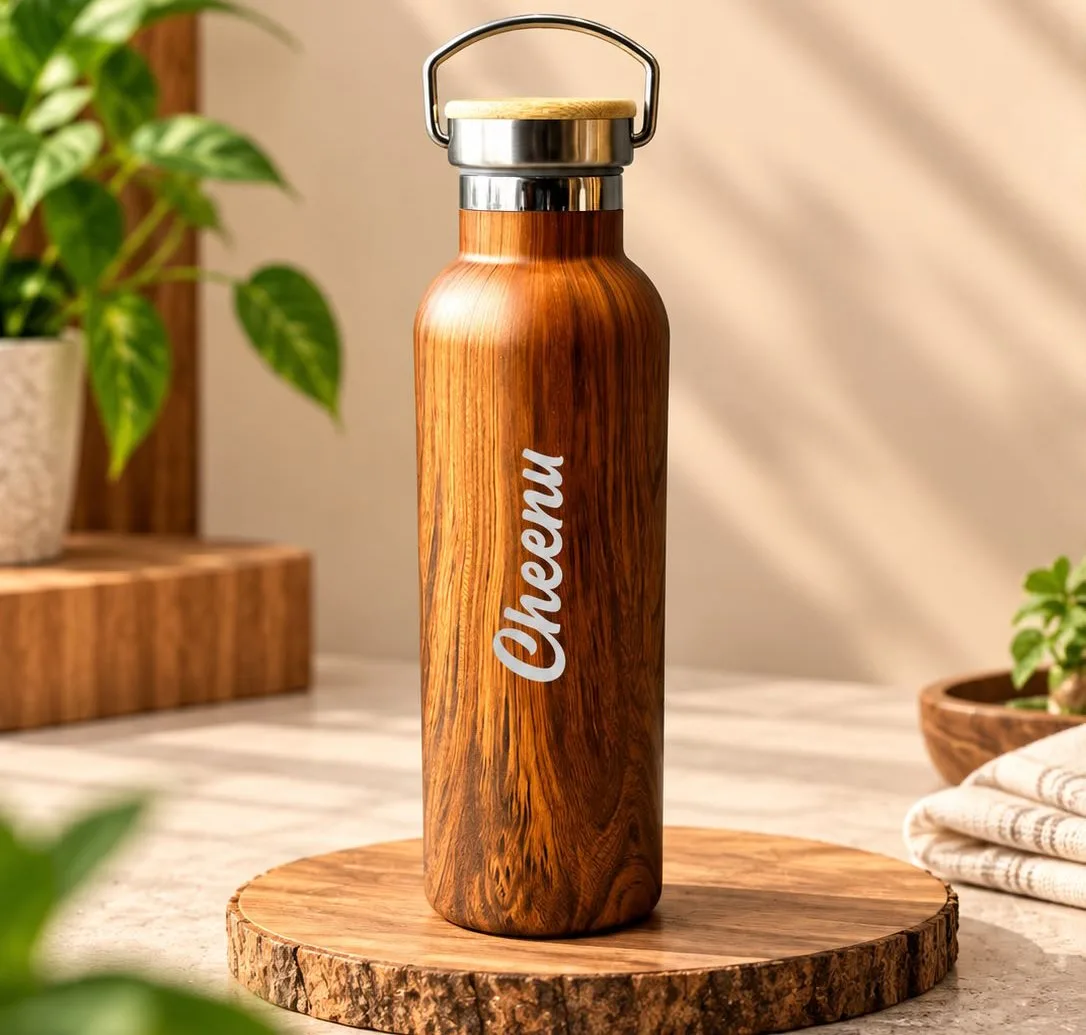 Personalized Walnut Finish Flask – 500 ML | Custom Name & Logo