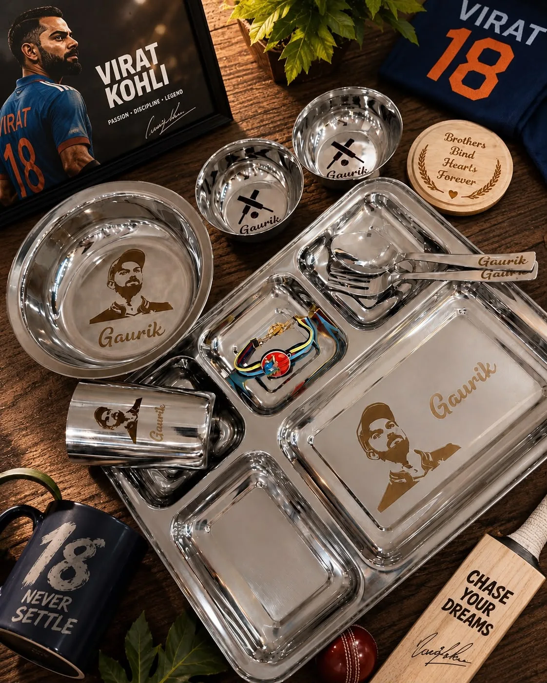 Personalized Stainless Steel Thali Set with Name & Theme | 5-Compartment Dinner Set