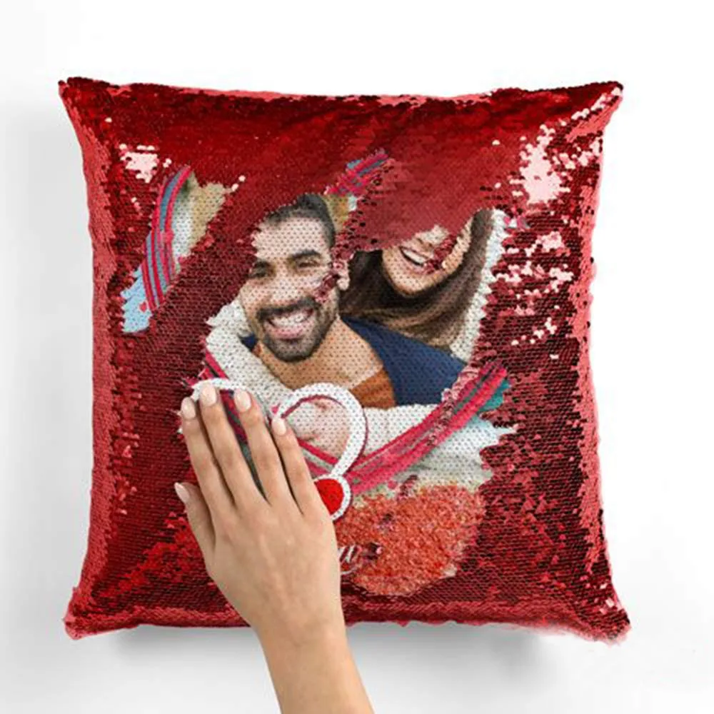 Personalized Red Magic Sequin Photo Cushion (16x16 Inch)