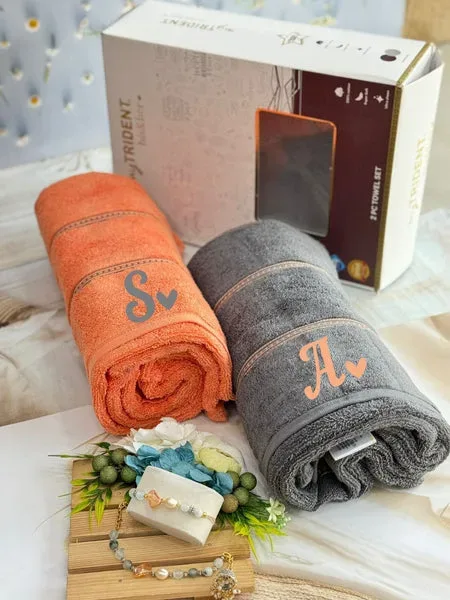 Premium Personalised Embroidered Trident Couple Towel Set with Rakhi | 100% Cotton | Luxury Box PackagingPremium Personalised Embroidered Trident Couple Towel Set with Rakhi | 100% Cotton | Luxury Box - Image 2