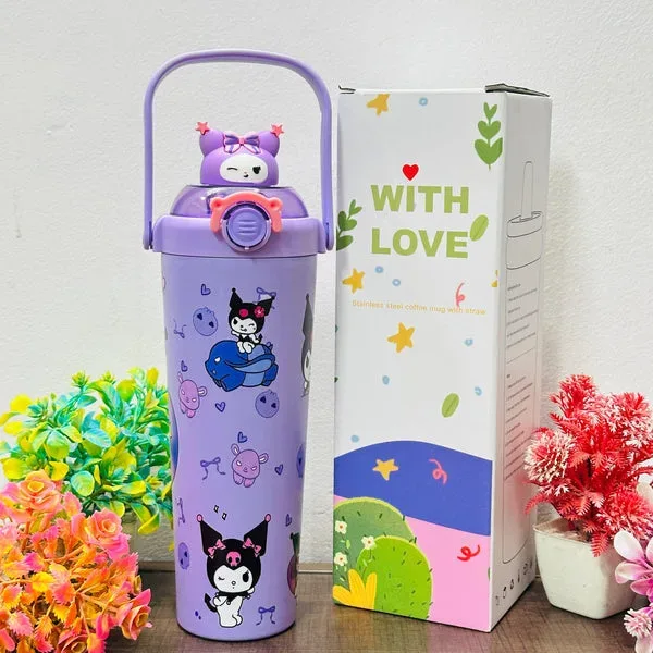 Kuromi Theme 700ml Insulated Stainless Steel Tumbler with Handle & Straw – Cute 3D Printed Sipper Bottle - Image 3