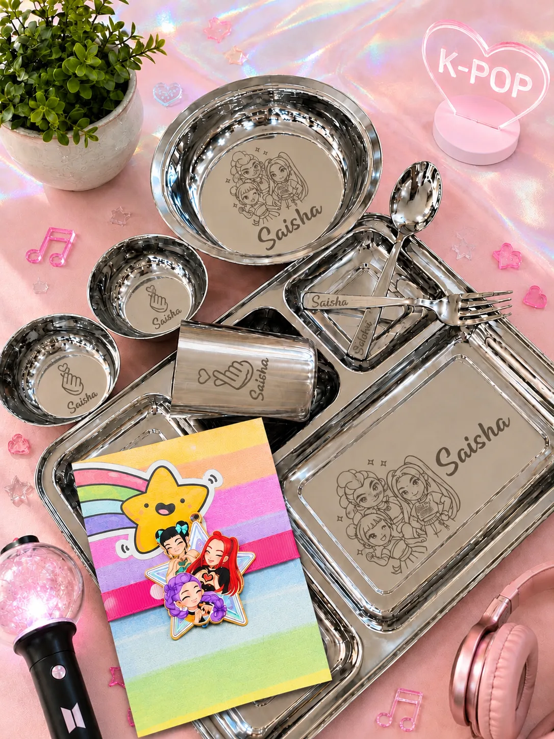 Personalized Stainless Steel Thali Set for Kids | Custom Name & Theme Dinner Set - Image 2