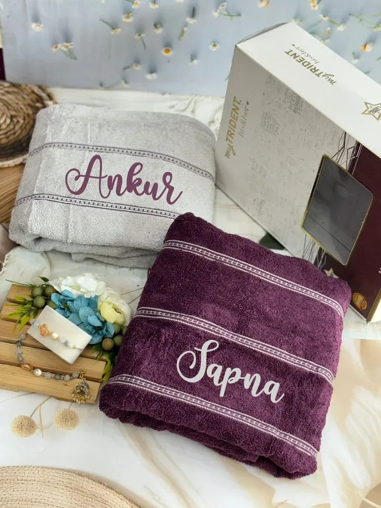 Premium Personalised Embroidered Trident Couple Towel Set with Rakhi | 100% Cotton | Luxury Box PackagingPremium Personalised Embroidered Trident Couple Towel Set with Rakhi | 100% Cotton | Luxury Box