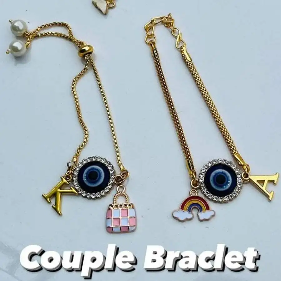 Couple Evil Eye Charm Bracelets with Custom Initials – Gold Plated